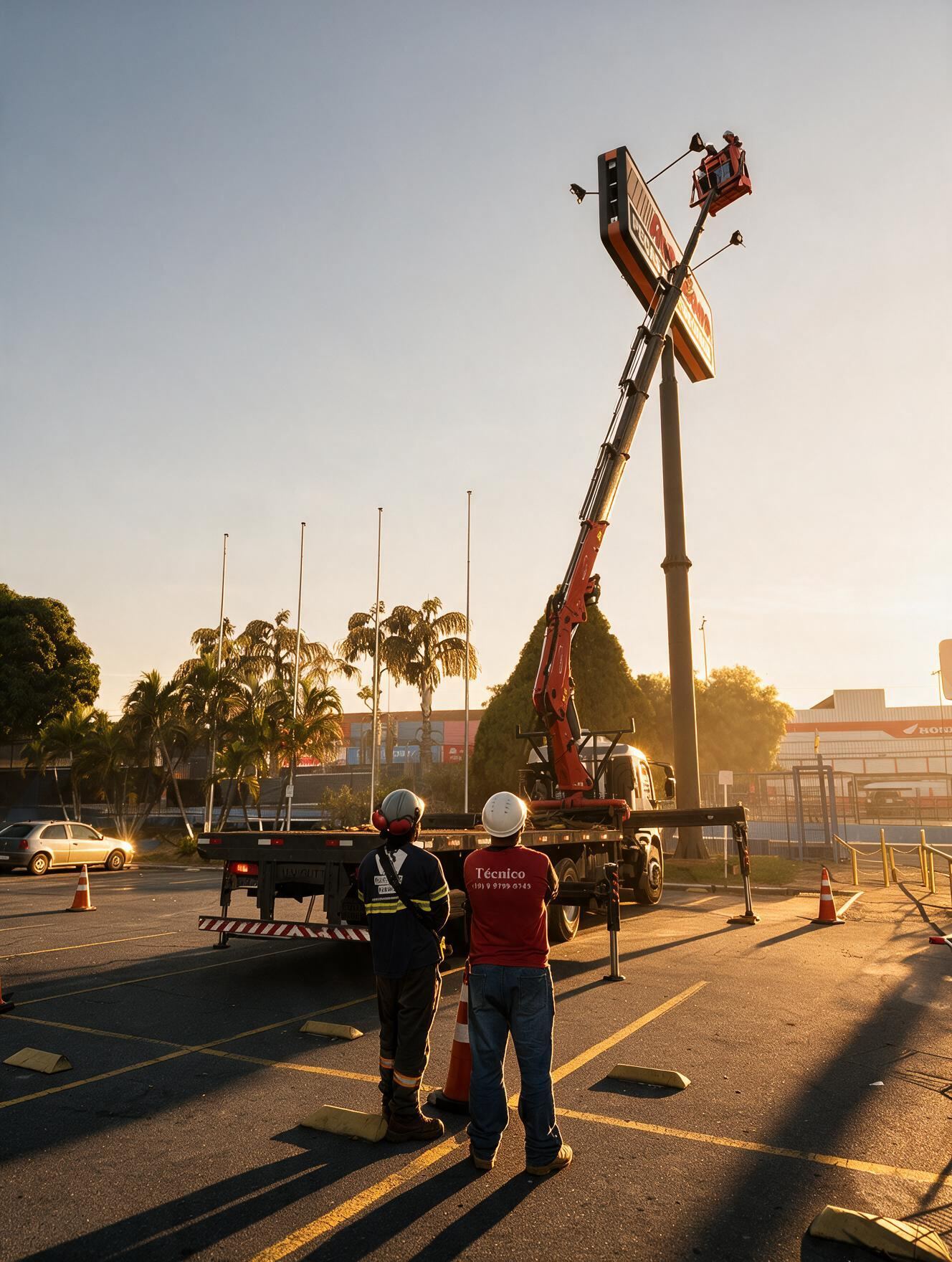 Operador no cesto aéreo do munck da Pesadão em manutenção de totem